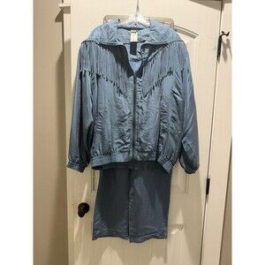 VTG Fuda International 100% Silk Jacket Suit SET Blue Fringe Windbreaker XL NWT